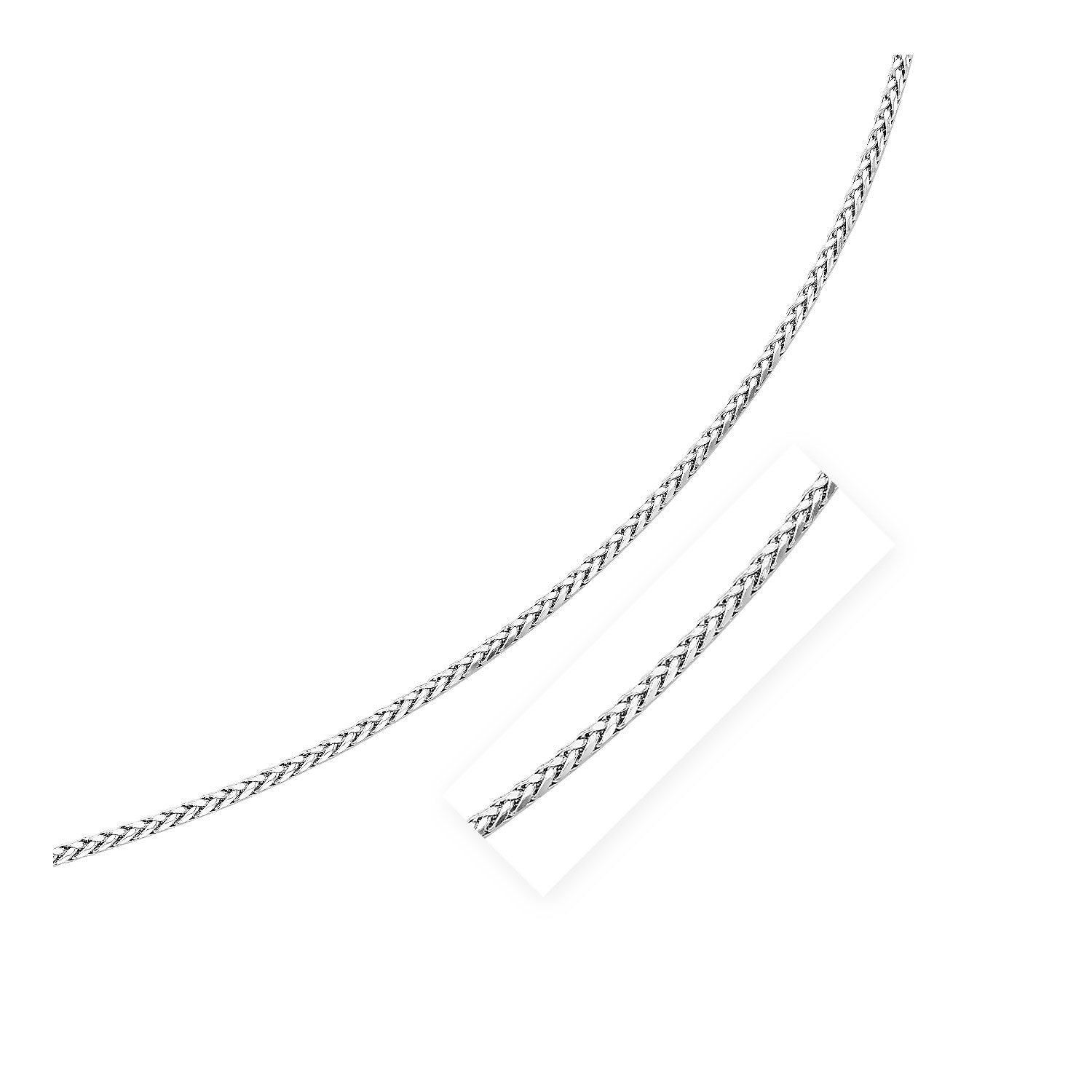 Sterling silver rhodium-plated wheat chain, 3.20 mm wide, with a close-up view.