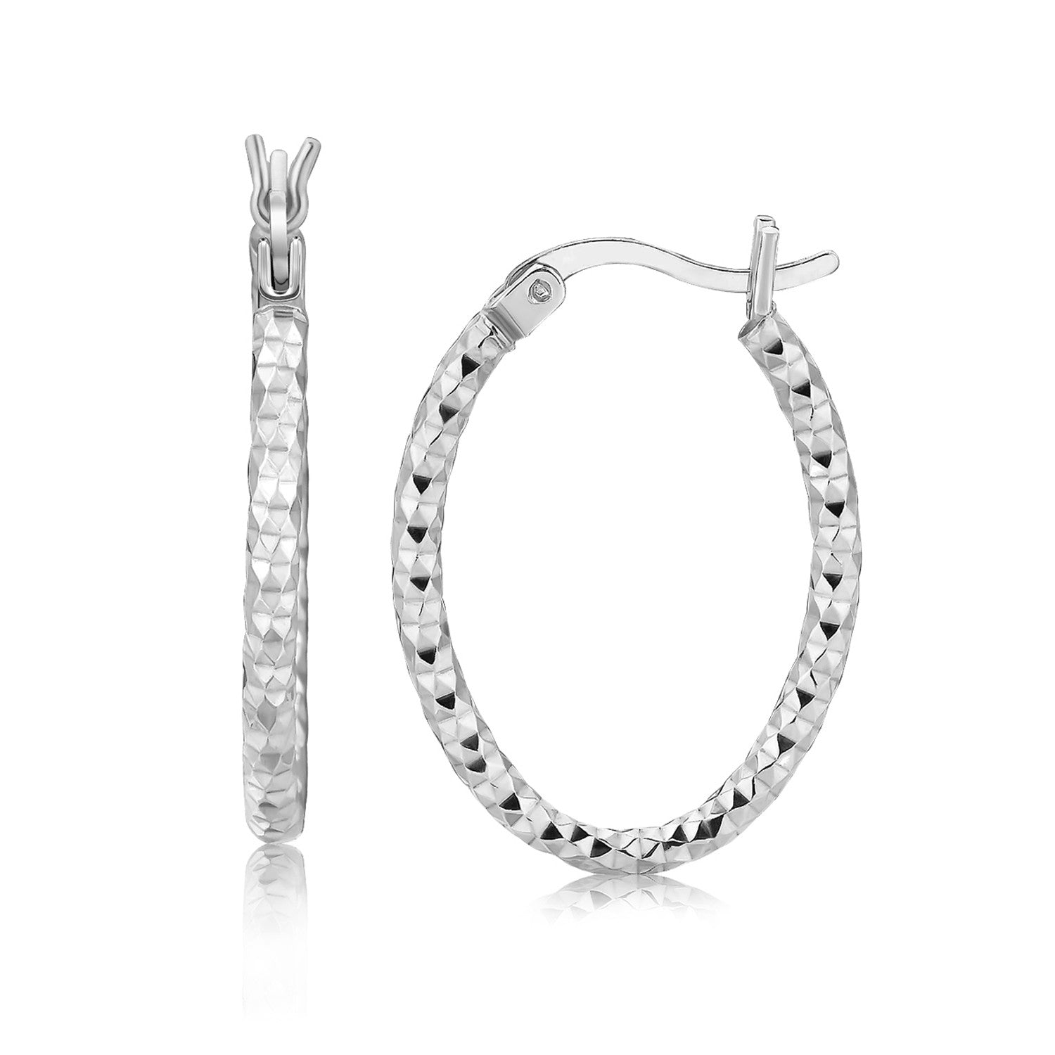 Sterling silver diamond-cut textured hoop earrings with rhodium plating and snap locks.