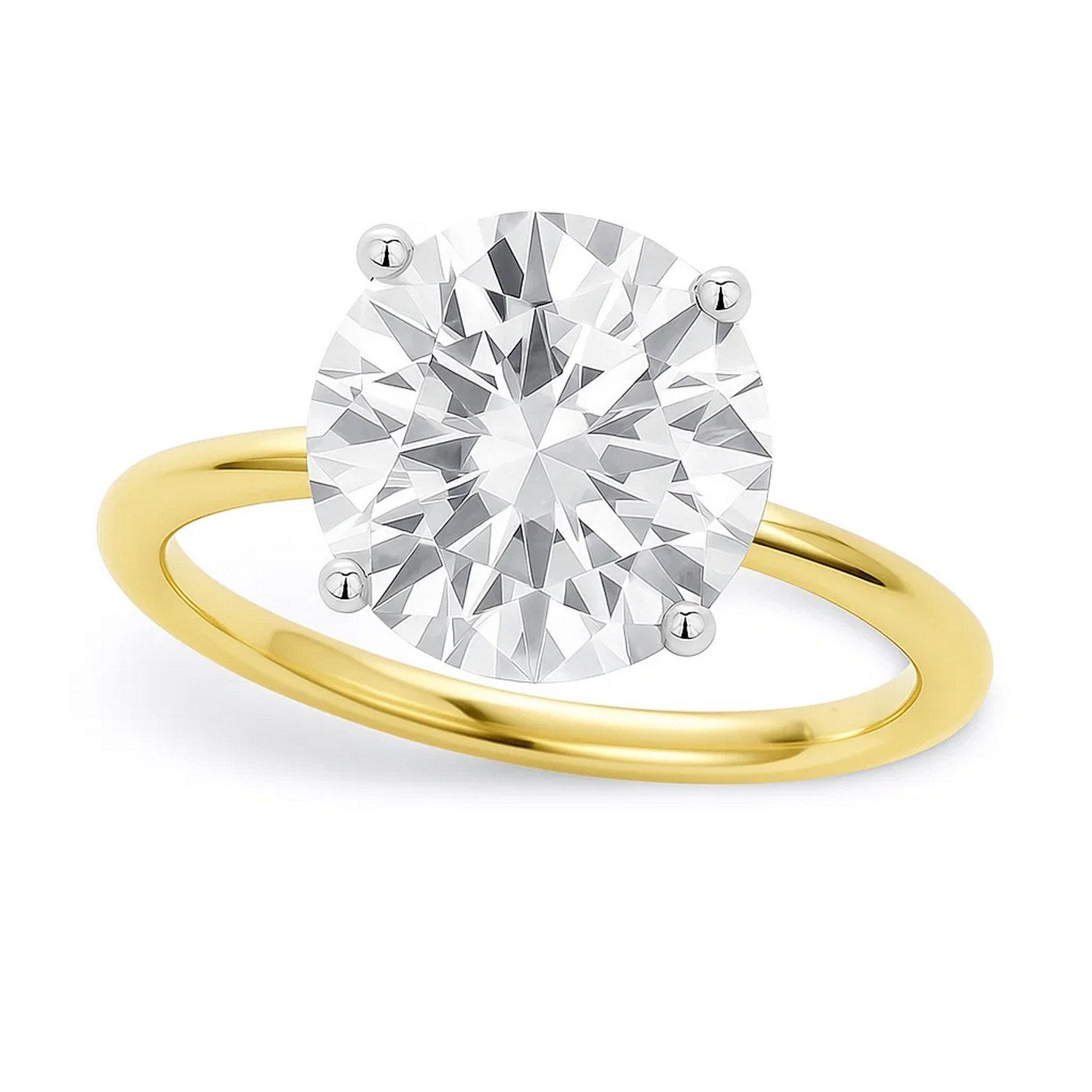 A 5 carat round lab grown diamond solitaire ring in 10K yellow gold.