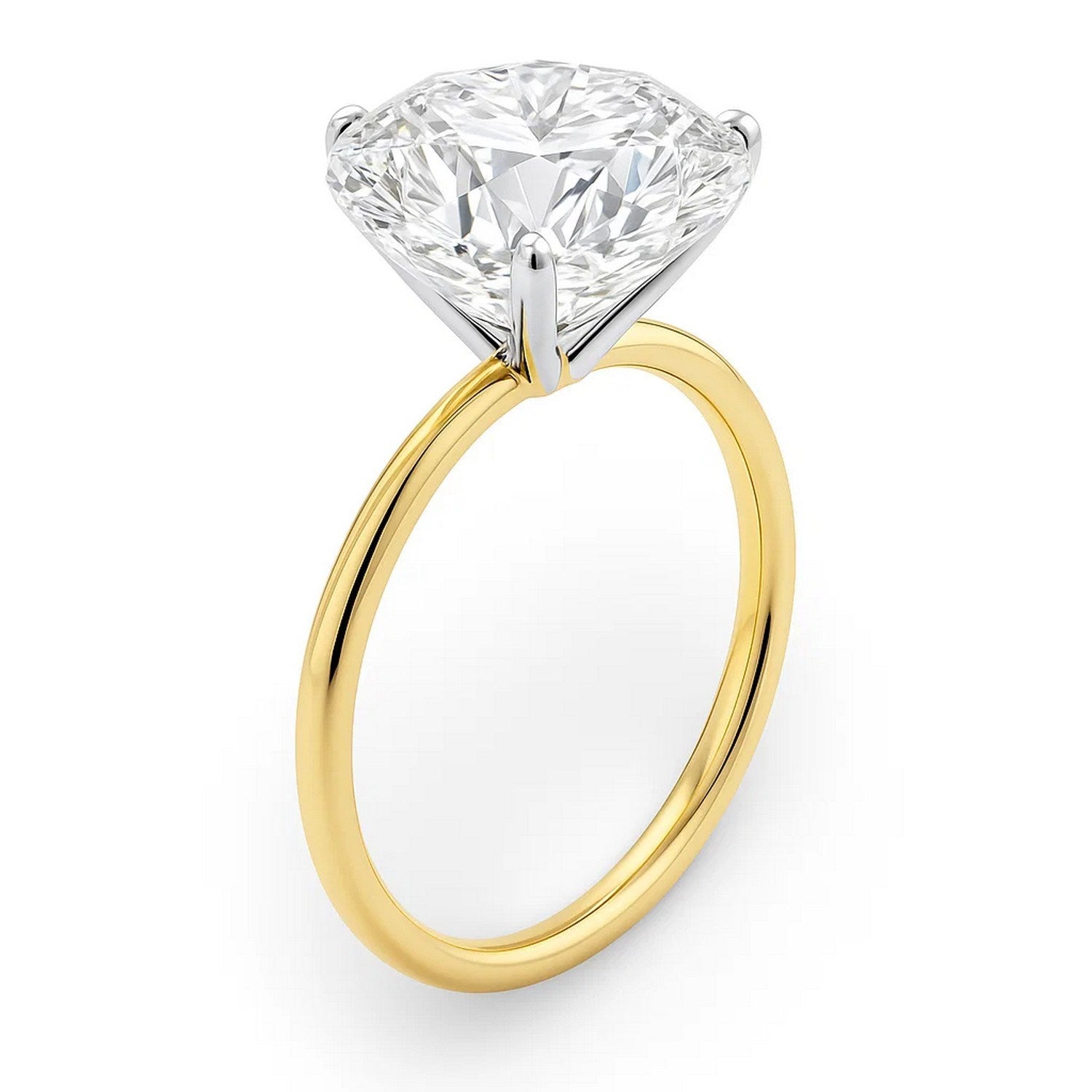 A 5 carat round lab grown diamond solitaire ring in 10K yellow gold.