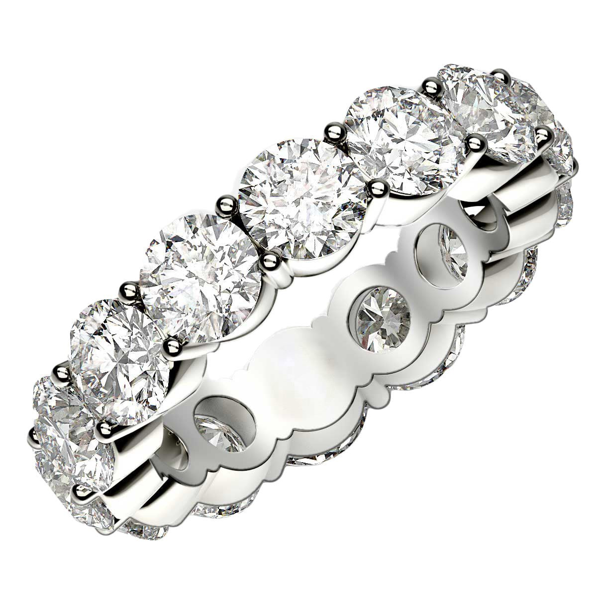 A round cut lab grown diamond eternity ring in 14k white gold.