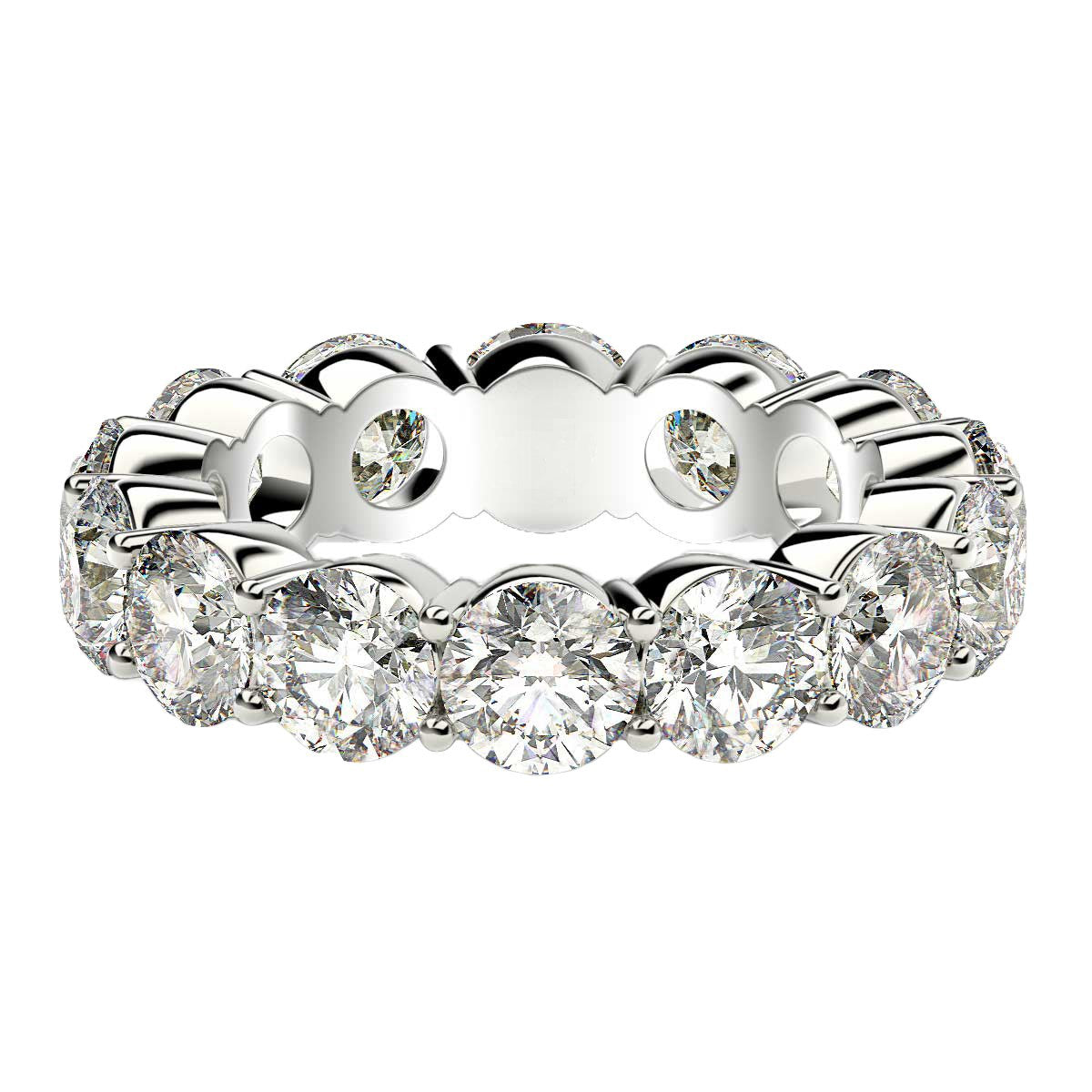 Round cut lab grown diamond eternity ring in 14k white gold.