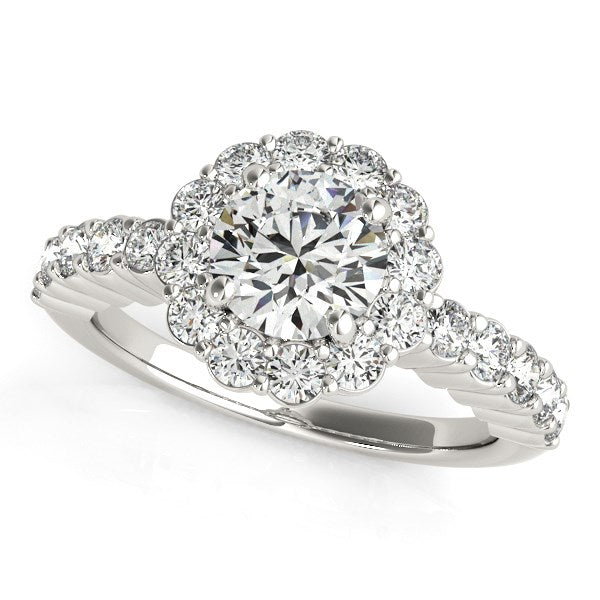 14k white gold round floral motif diamond engagement ring.