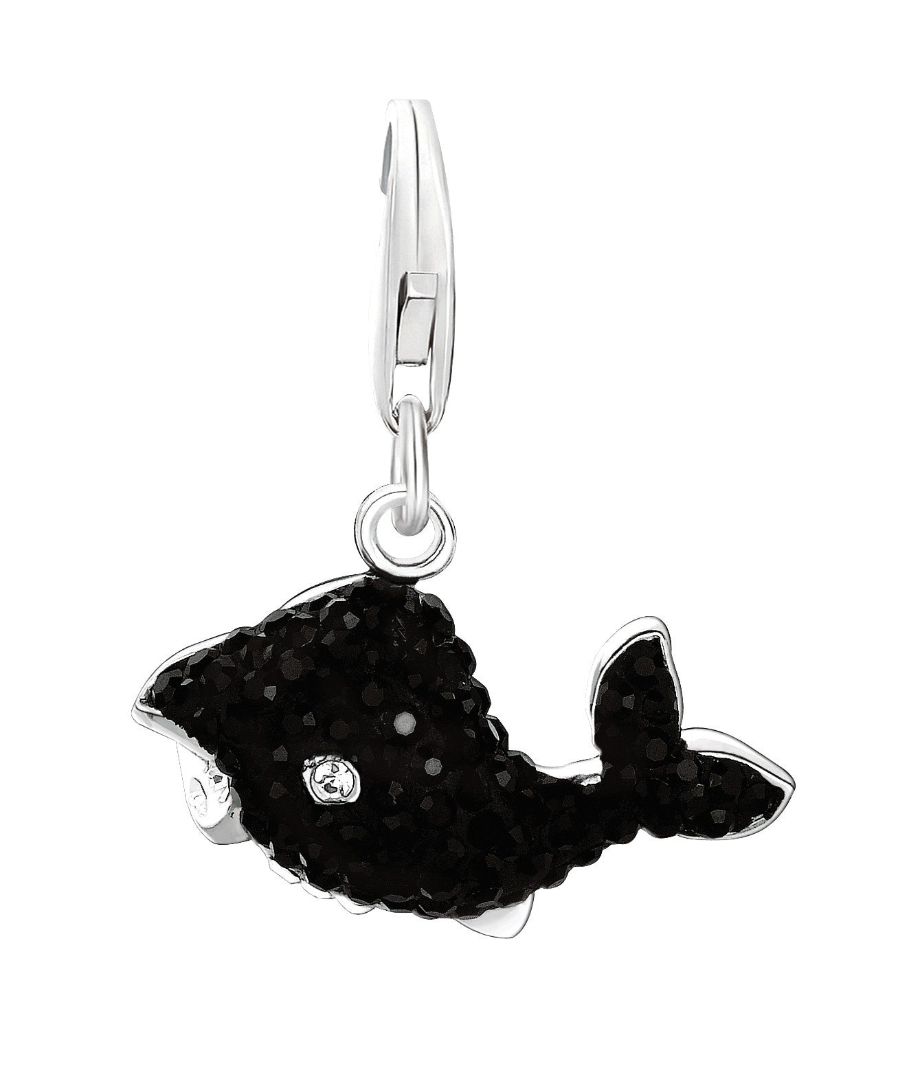 Sterling silver black crystal-accented whale charm with a lobster clasp.