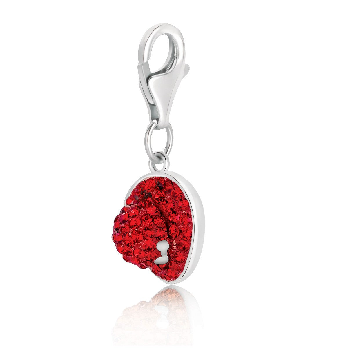 Sterling silver hat charm with red crystal embellishments and a lobster clasp.