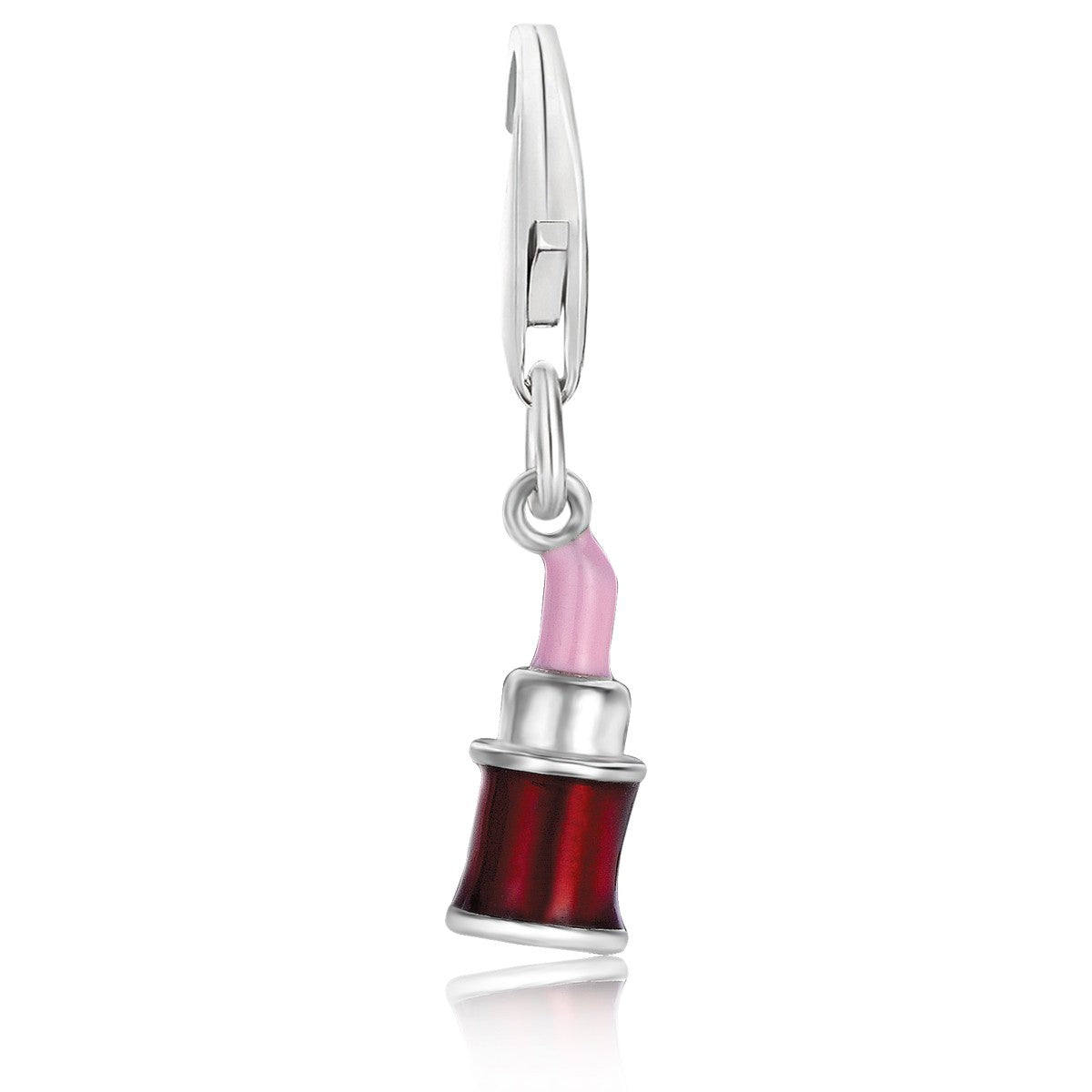 Sterling silver lipstick charm with pink and red enamel finish.