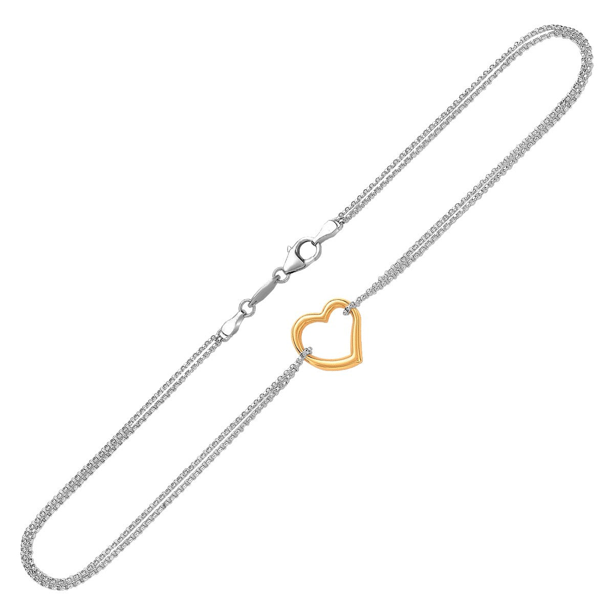Sterling silver anklet with a single open yellow gold heart station and lobster clasp.