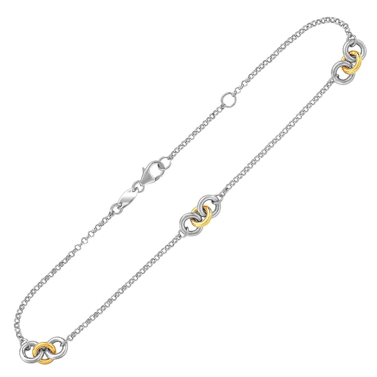 14k yellow gold and sterling silver triple ring stationed anklet with a lobster clasp.