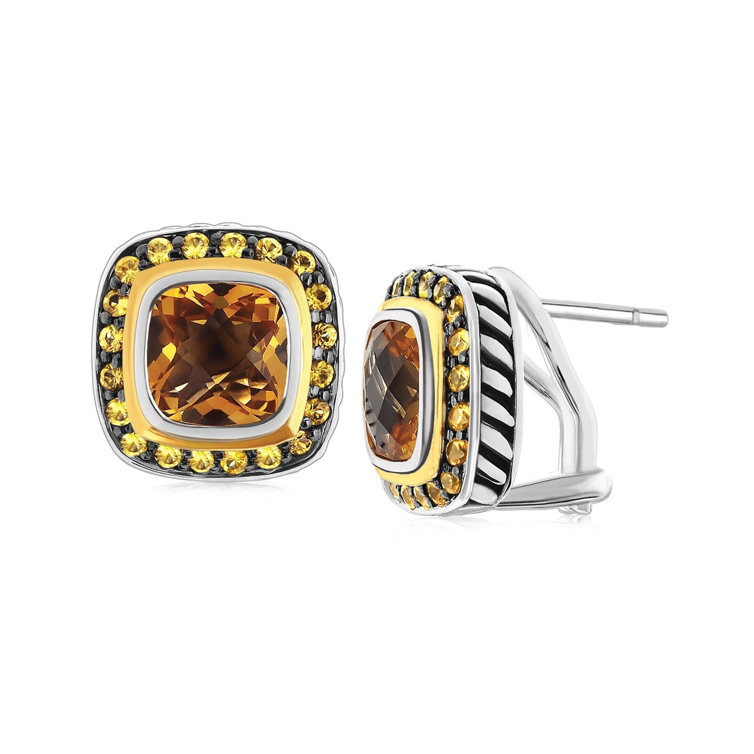 18K yellow gold and sterling silver earrings with citrine and pave set sapphires.