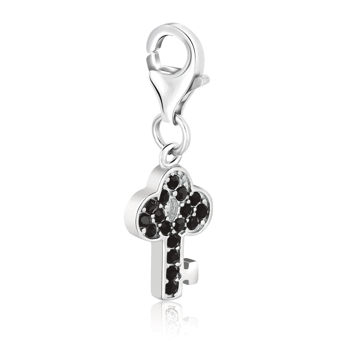 Sterling silver key charm with black crystal accents and a lobster clasp.