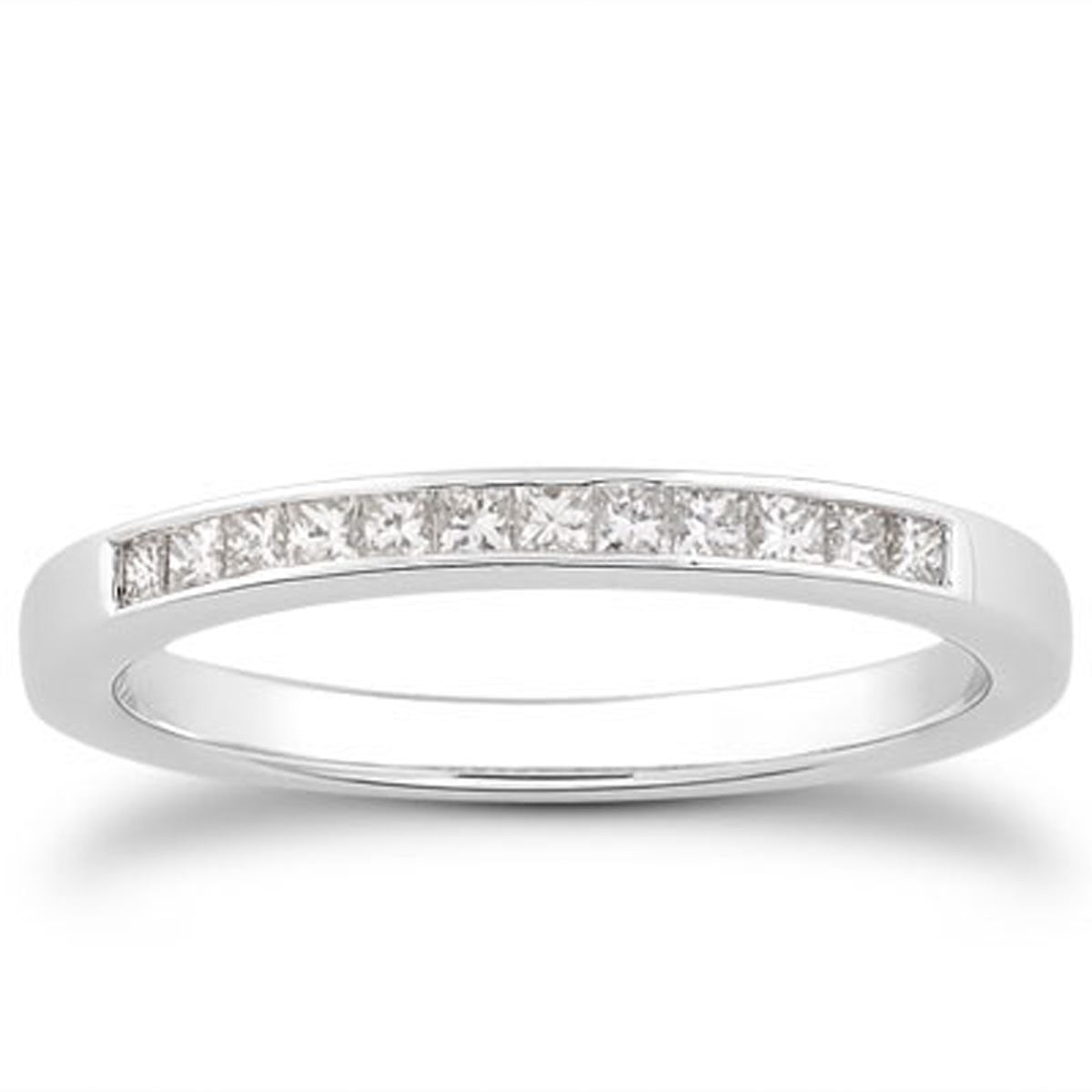 14k white gold channel set princess diamond wedding ring band.