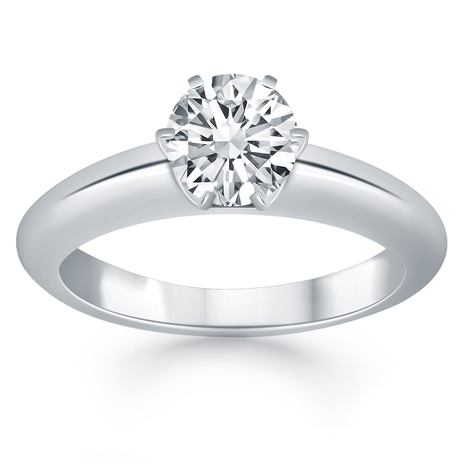 14k white gold solitaire cathedral engagement ring with a round diamond.