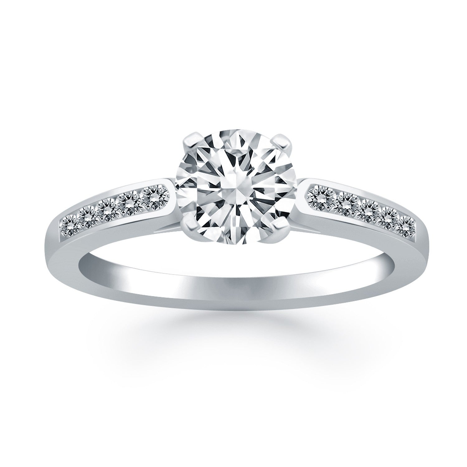 14k white gold engagement ring with a round diamond and channel-set side diamonds.