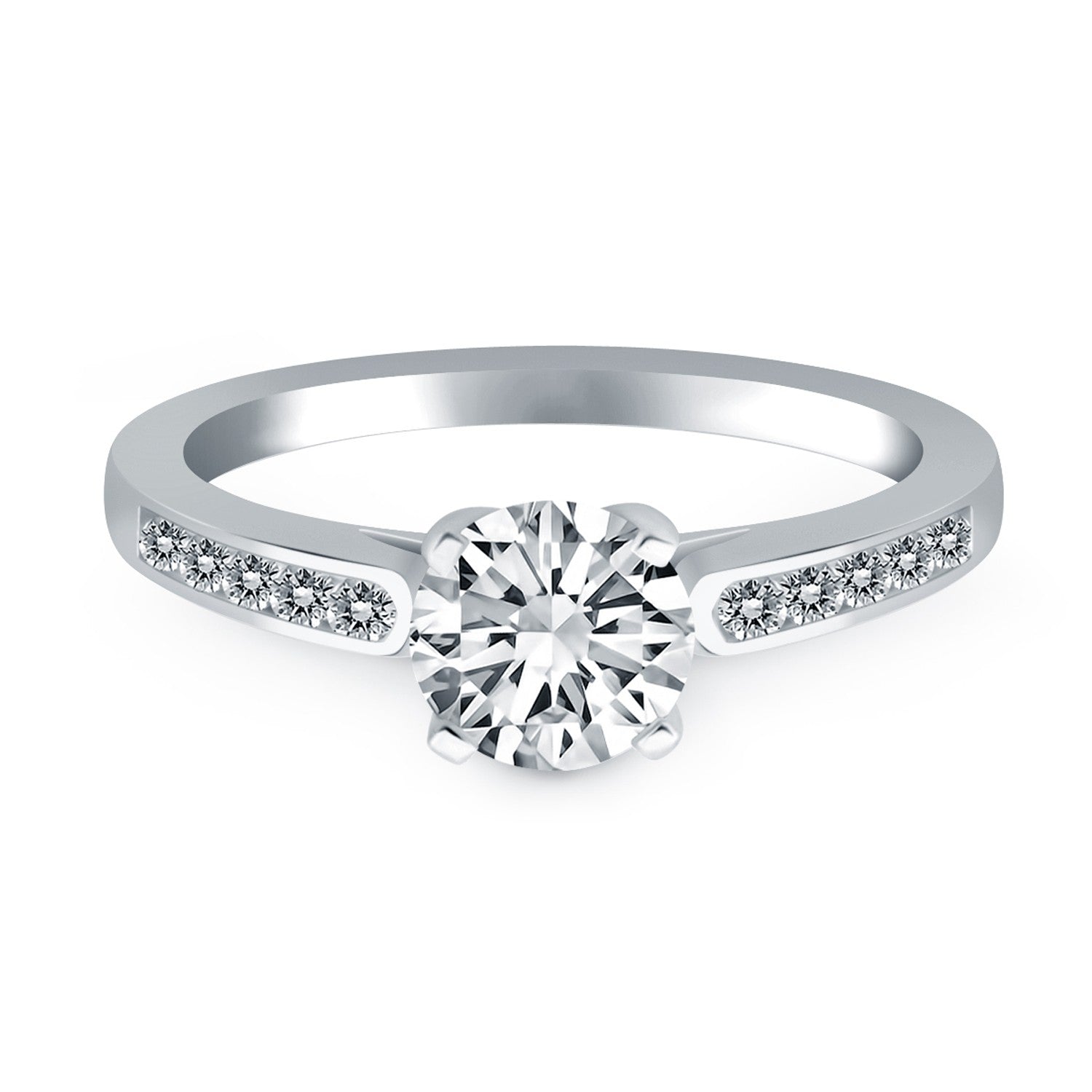 14k white gold engagement ring with a round diamond and channel-set side diamonds.