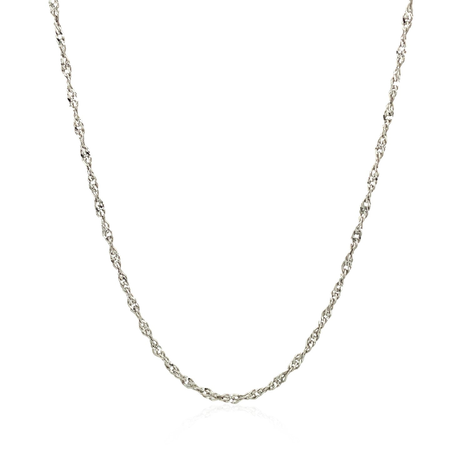 A sterling silver 1.6mm Singapore style chain with a rhodium polish.
