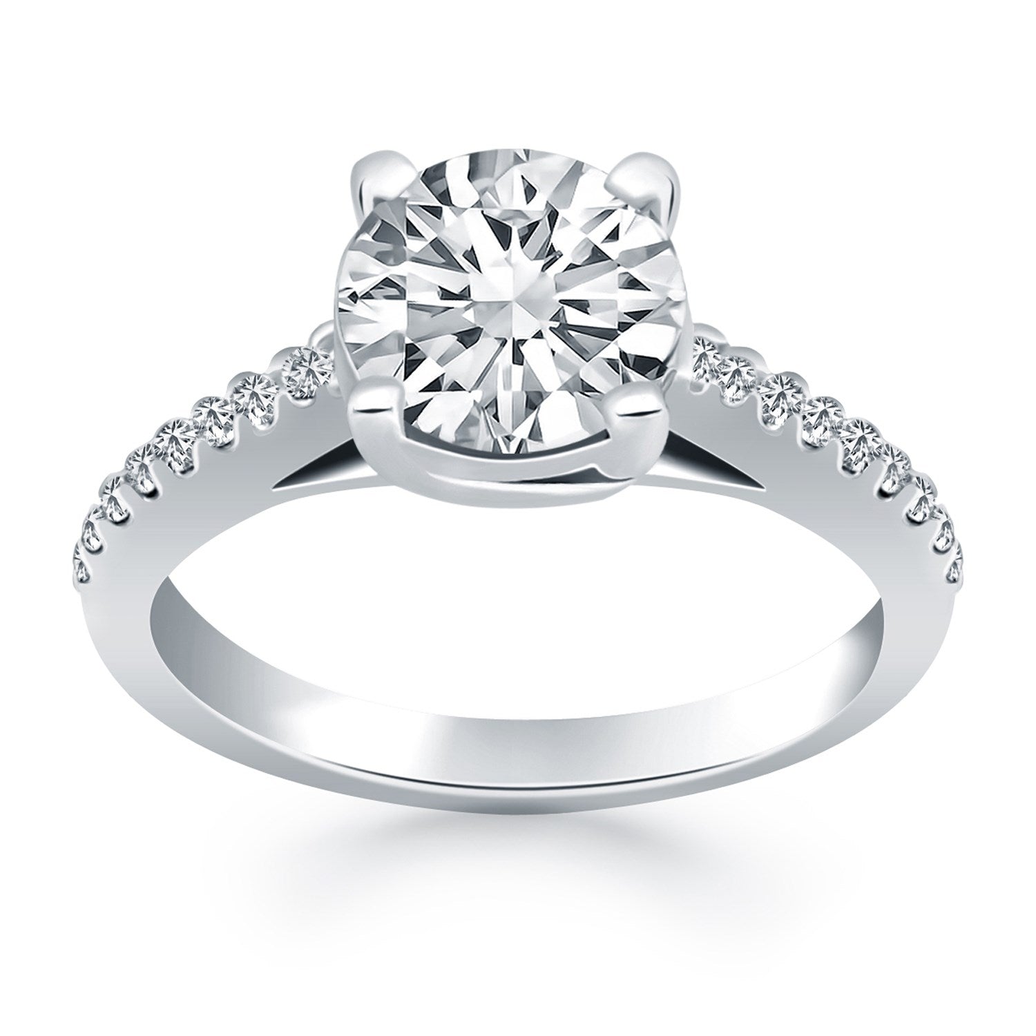 14k white gold trellis engagement ring with a round center diamond and side diamonds.