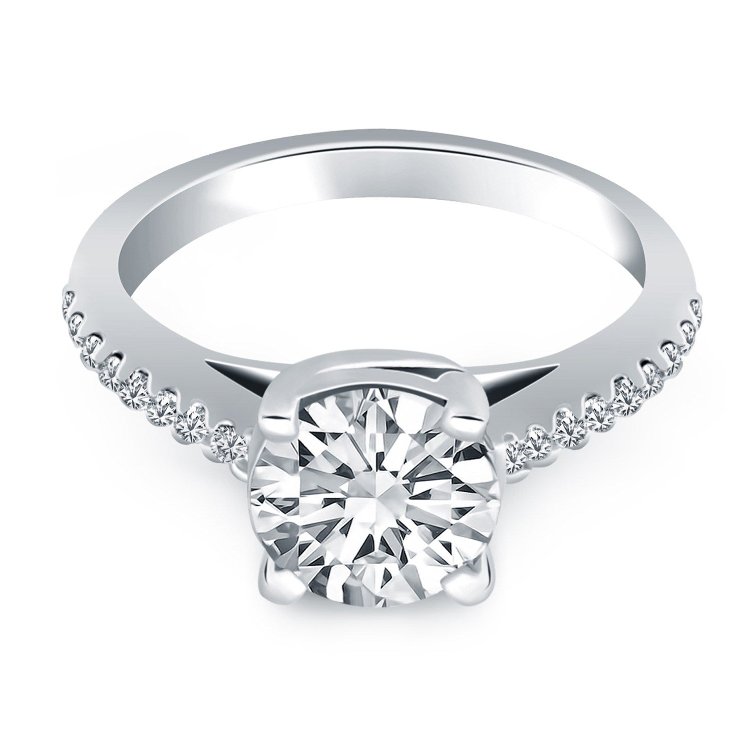 14k white gold trellis engagement ring with a round diamond and pavé band.