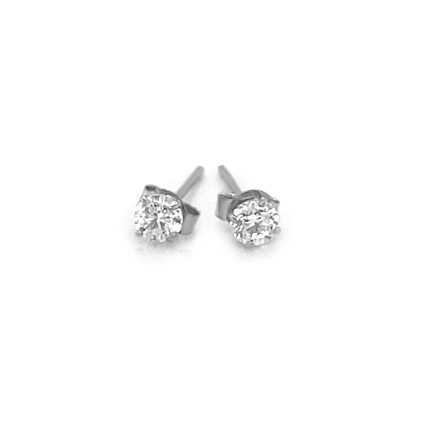 Sterling silver stud earrings with 3mm round white cubic zirconia.