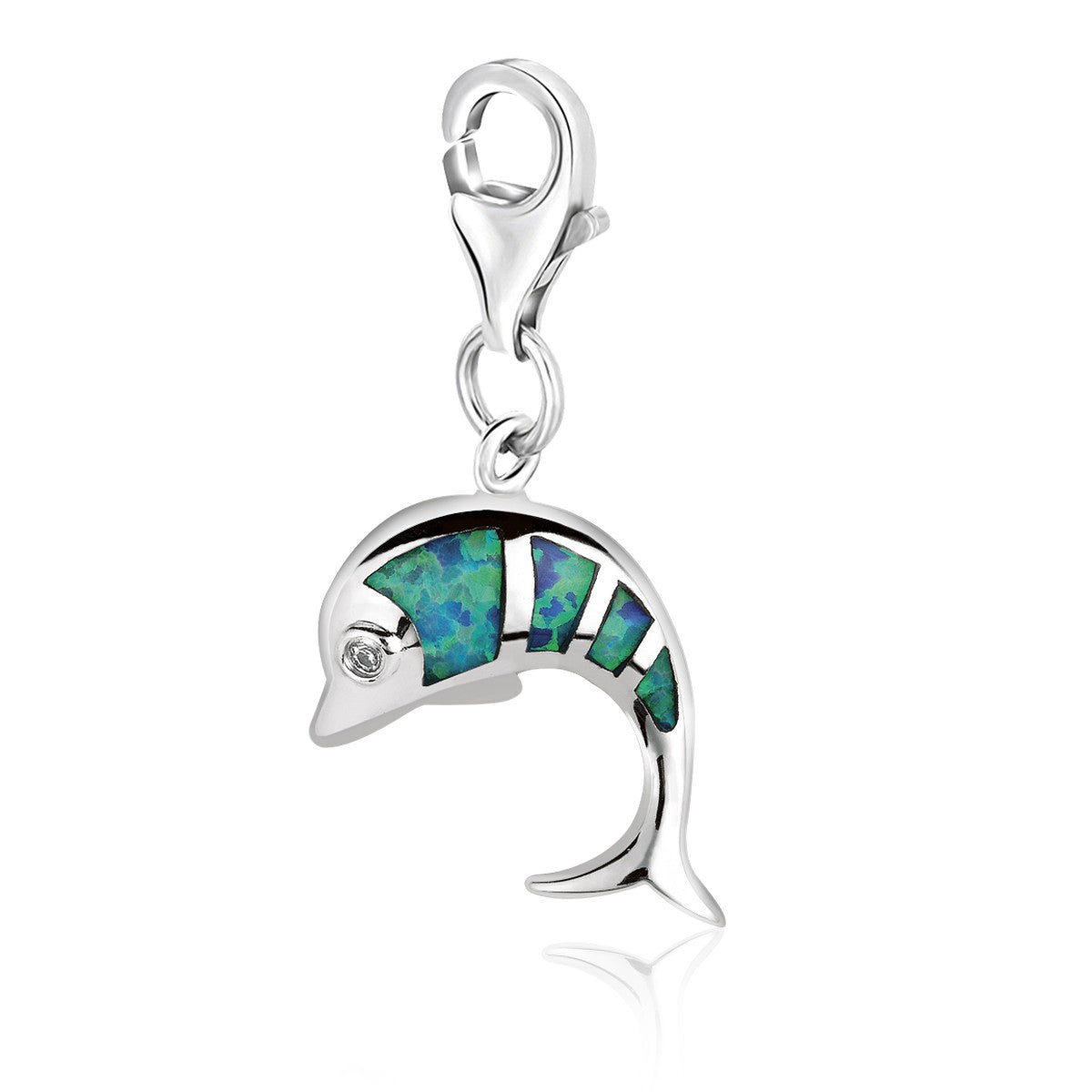 Sterling silver dolphin charm with blue and green opal accents and a lobster clasp.