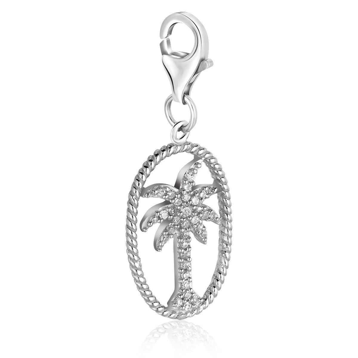 Sterling silver palm tree charm with an oval, rope-textured border and lobster clasp.