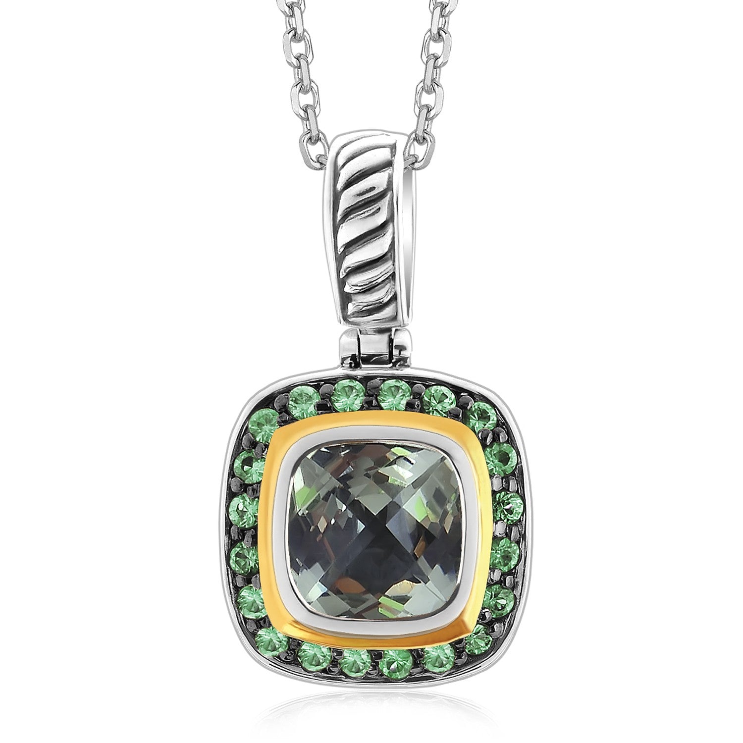 Sterling silver pendant with a cushion-cut green amethyst, yellow gold, and tsavorite accents.