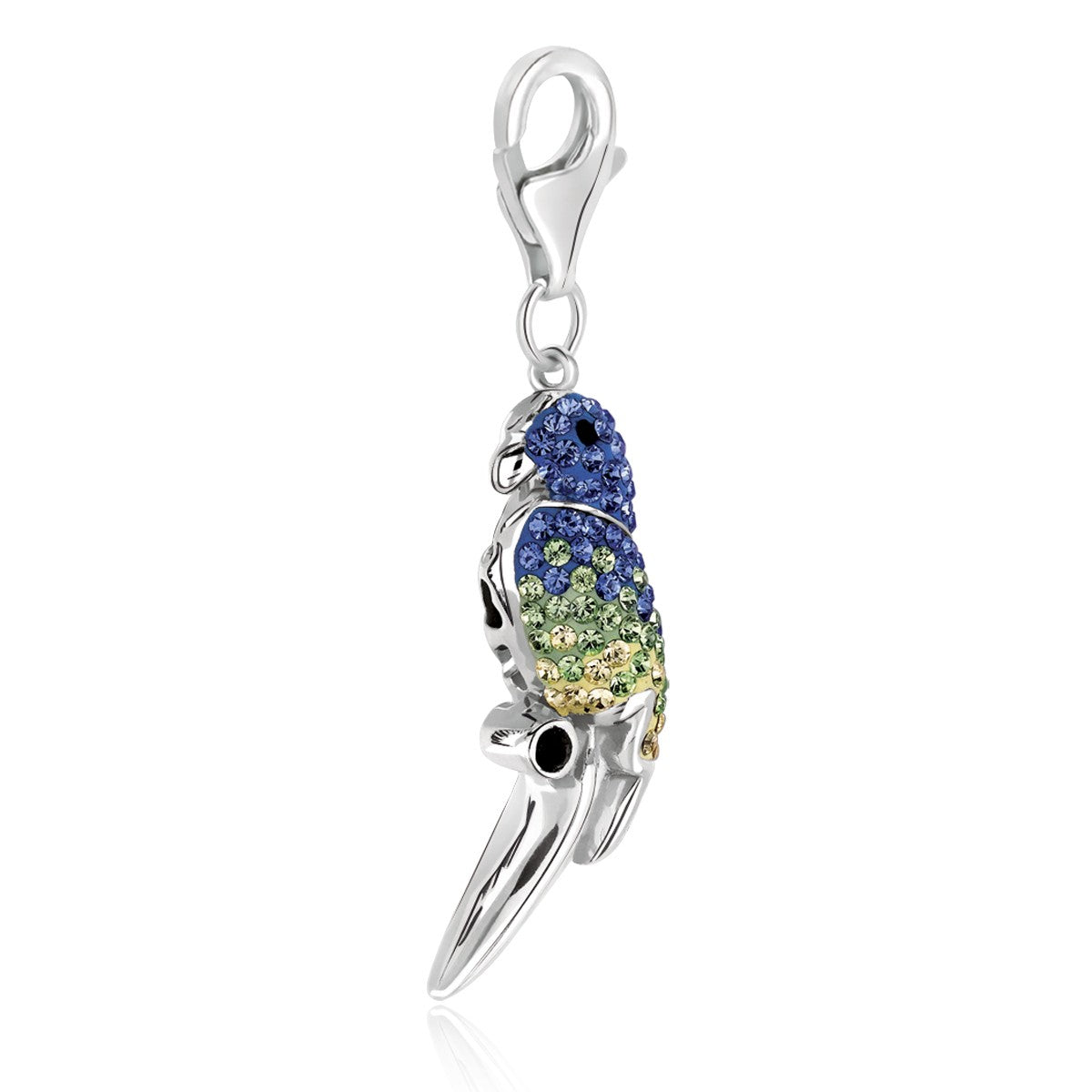 Sterling silver parrot charm with blue and green crystal accents and a lobster clasp.