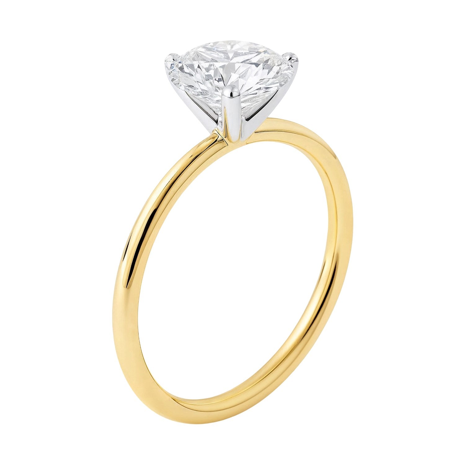 Round lab-grown diamond solitaire ring in 10K yellow gold with a four-prong setting.
