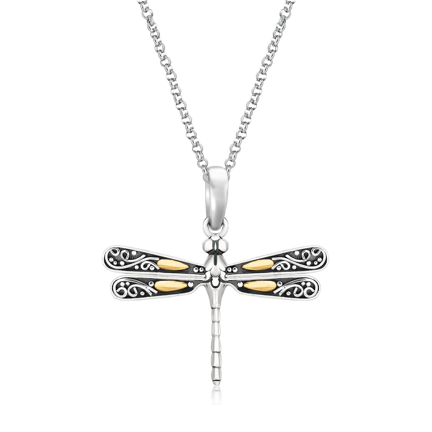 Sterling silver and 18k yellow gold dragonfly pendant on an 18-inch rolo chain.