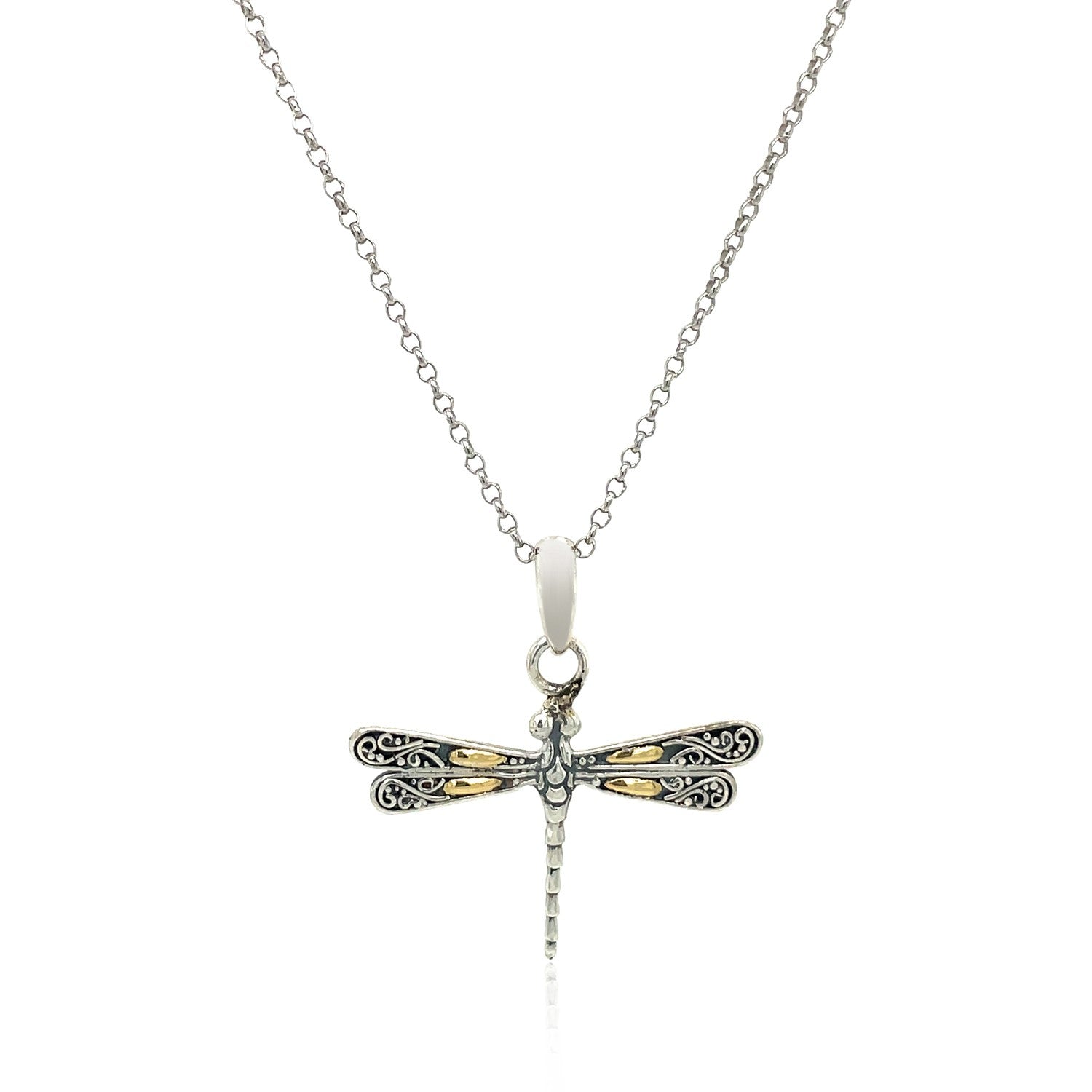 Sterling silver and 18k yellow gold dragonfly pendant on an 18-inch rolo chain.