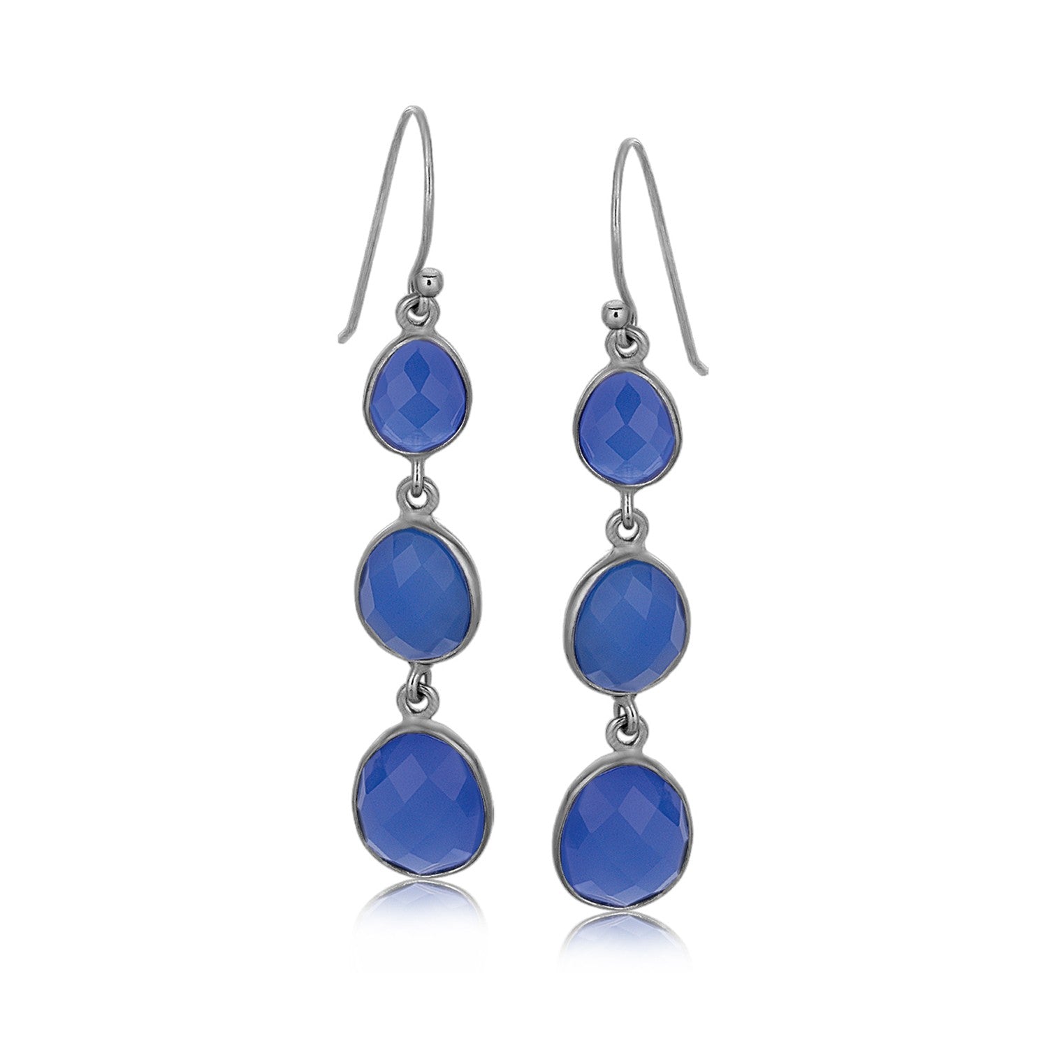 Sterling silver black rhodium plated graduated oval chalcedony dangle earrings.