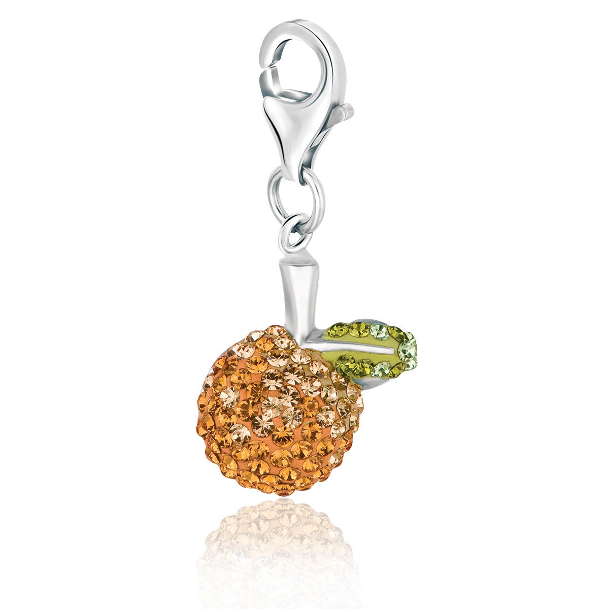 Sterling silver apple charm with citrine-tone crystals and a lime-tone crystal leaf.