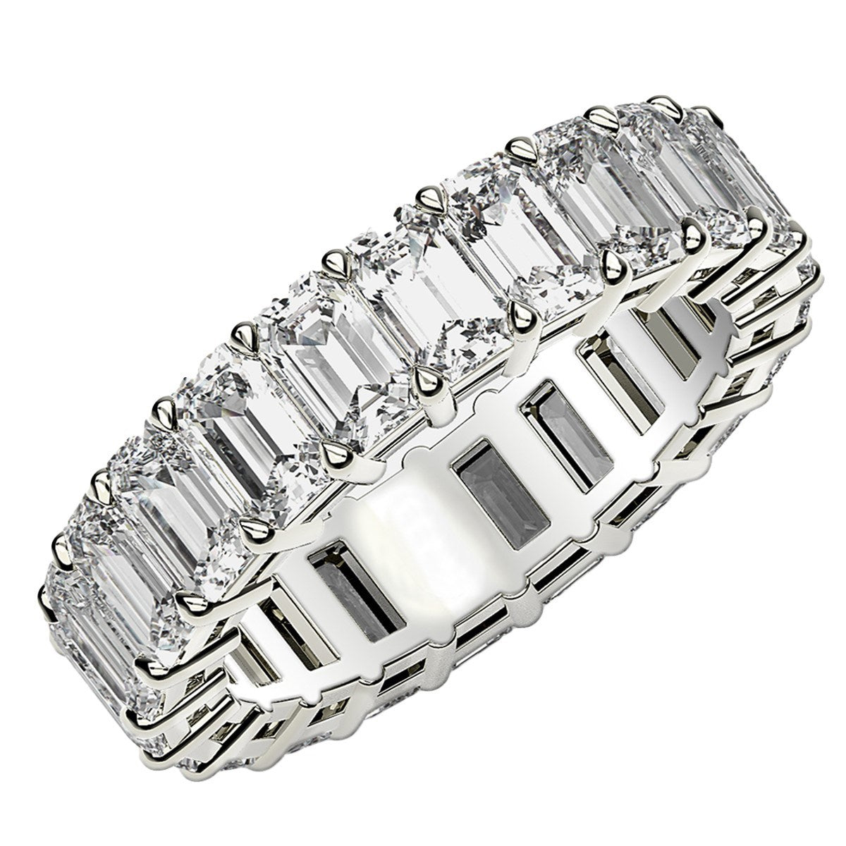 14k white gold eternity ring with prong-set emerald cut lab grown diamonds.