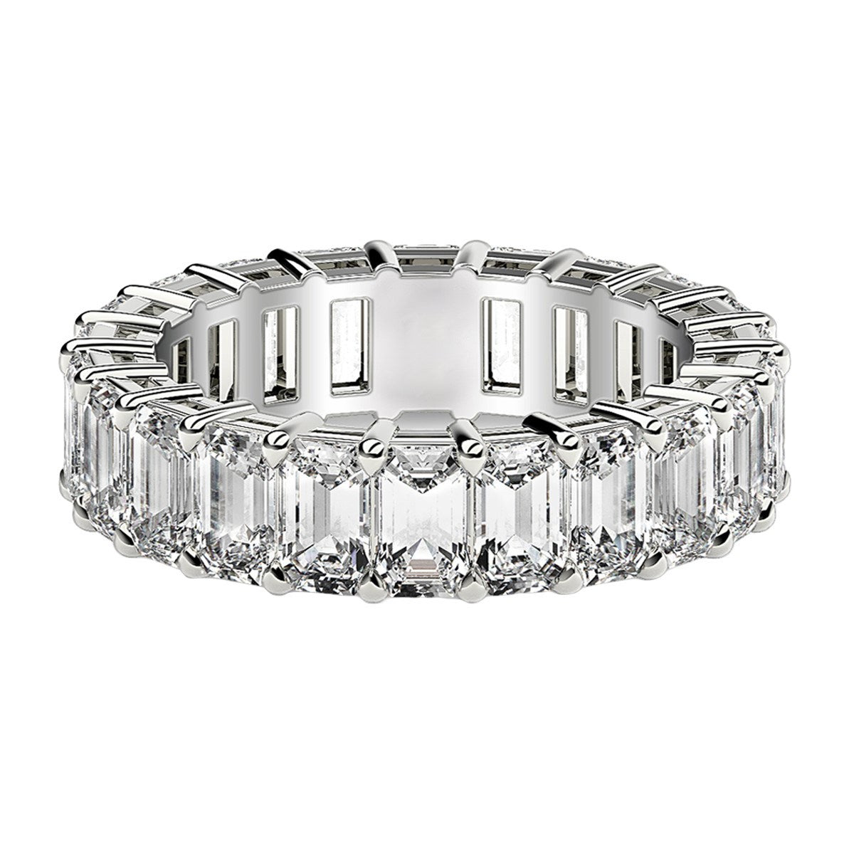 Emerald cut lab grown diamond eternity ring in 14k white gold.