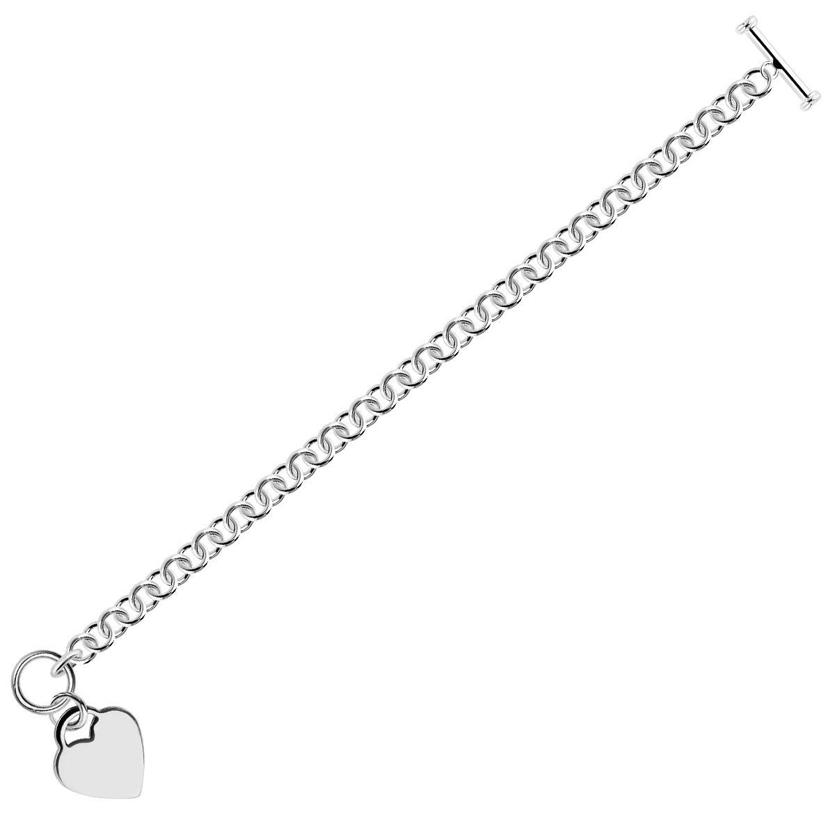 Sterling silver rolo chain bracelet with a heart charm and toggle clasp.