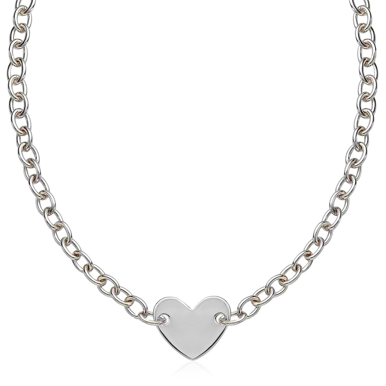 Sterling silver rhodium-plated chain bracelet with a flat heart motif station.