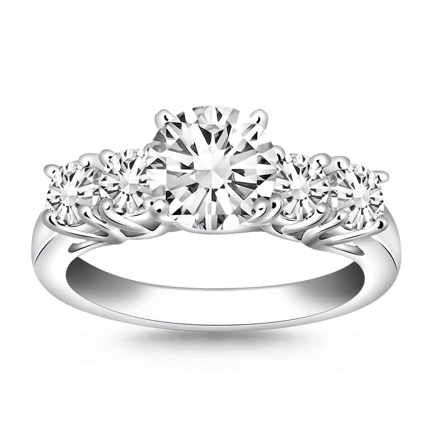 14k white gold five-stone diamond trellis engagement ring.
