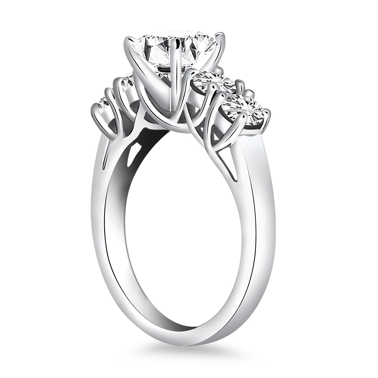 14k white gold five-stone diamond trellis engagement ring.