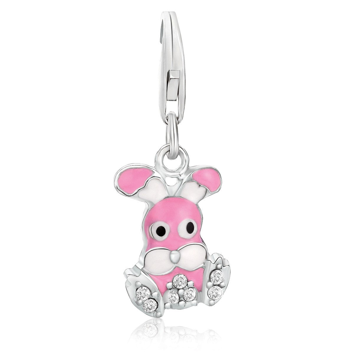 Sterling silver bunny charm with pink and black enamel and white crystals.