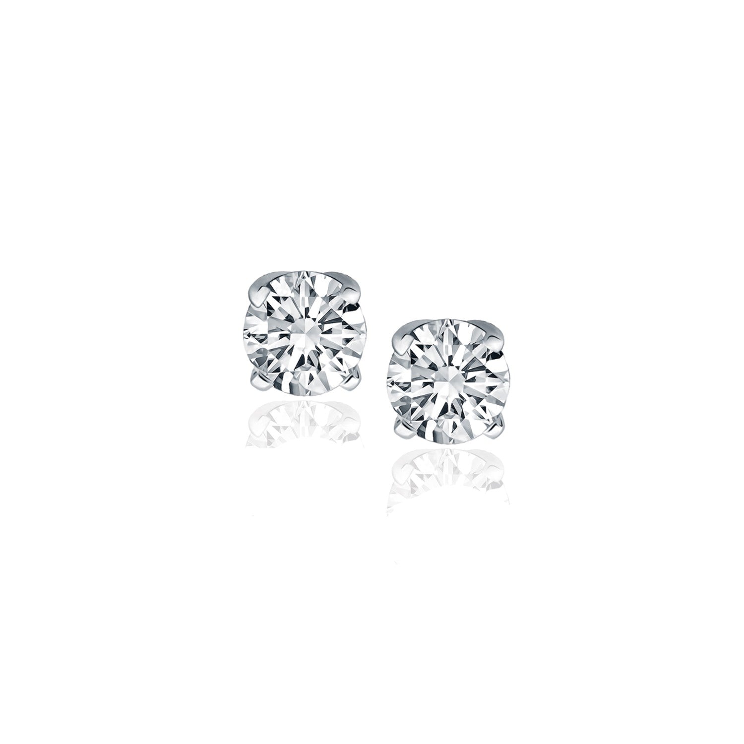 A pair of 14k white gold diamond four-prong stud earrings with reflections.