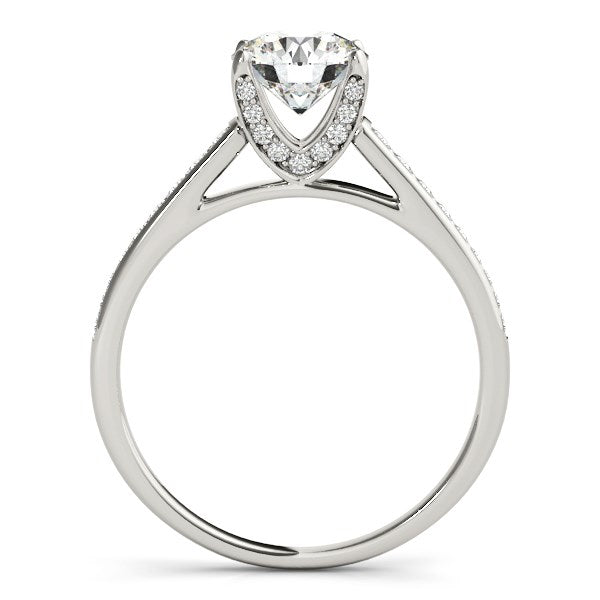 14k white gold diamond engagement ring with a round center stone and pavé accents.