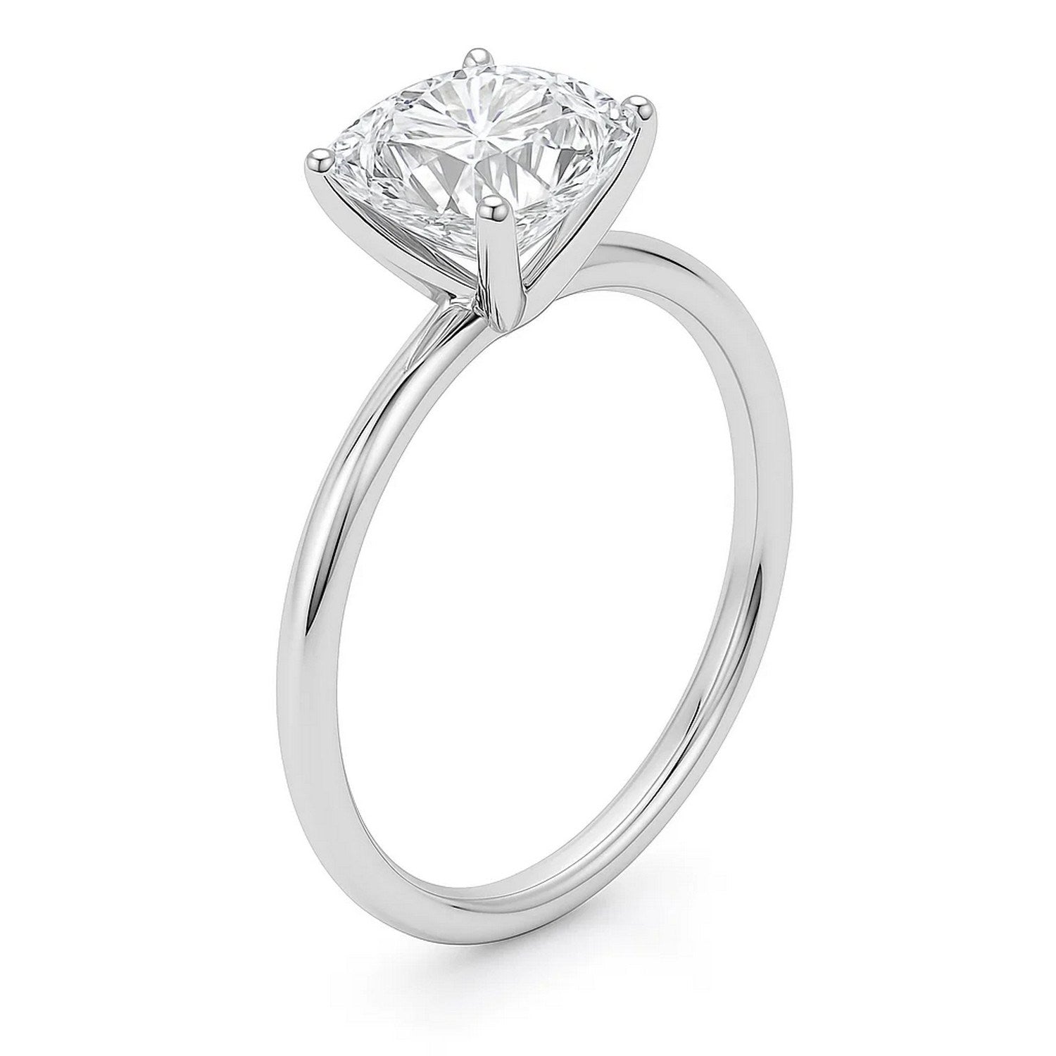 A white gold solitaire ring with a cushion-cut lab-grown diamond.