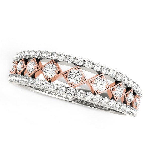14k white and rose gold diamond band with a central row of square-set diamonds.