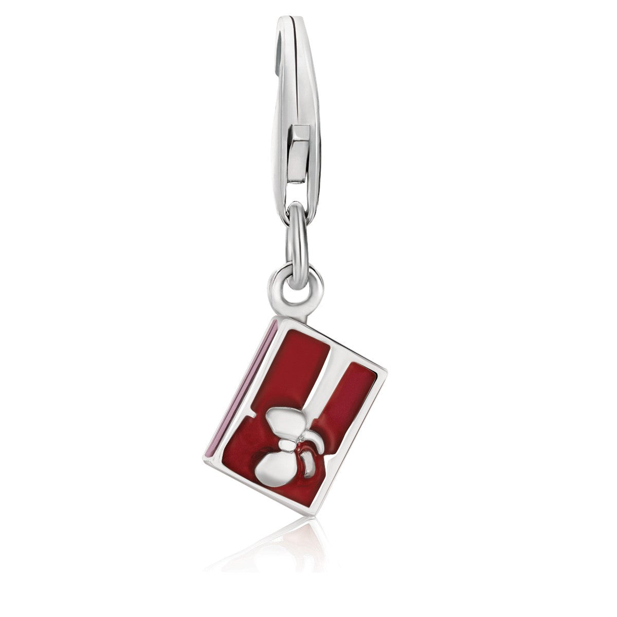 Sterling silver gift box charm with red enamel and a white bow.