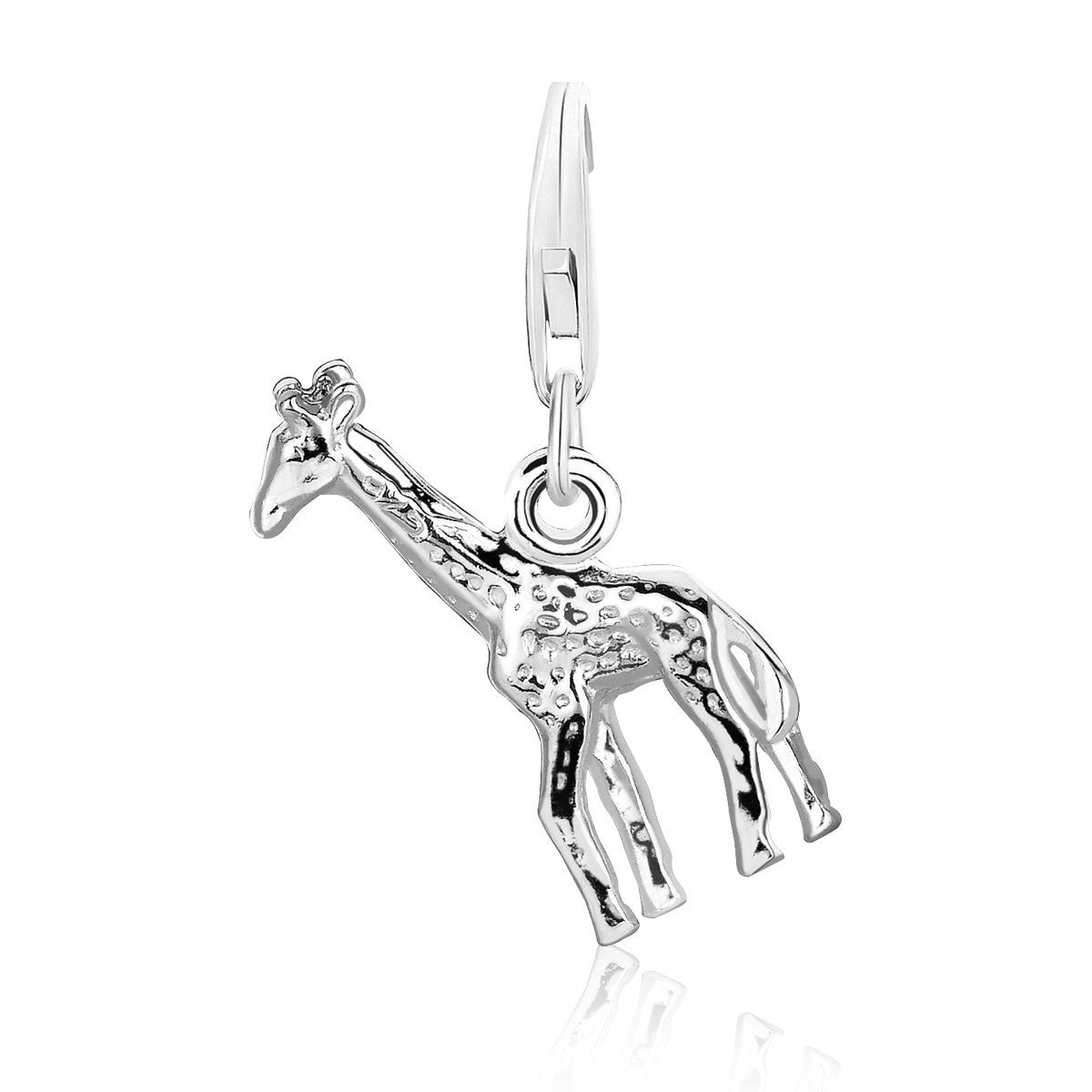 Sterling silver giraffe charm with a lobster clasp.