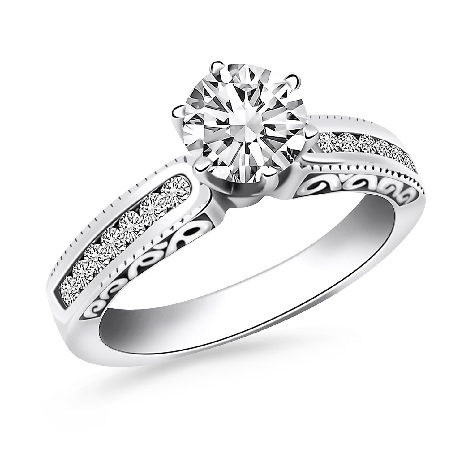 14k white gold engagement ring with a round diamond, channel-set accents, and engraved sides.