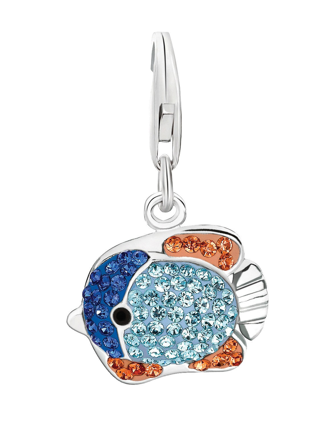 Sterling silver fish charm with blue, light blue, and orange crystal embellishments.