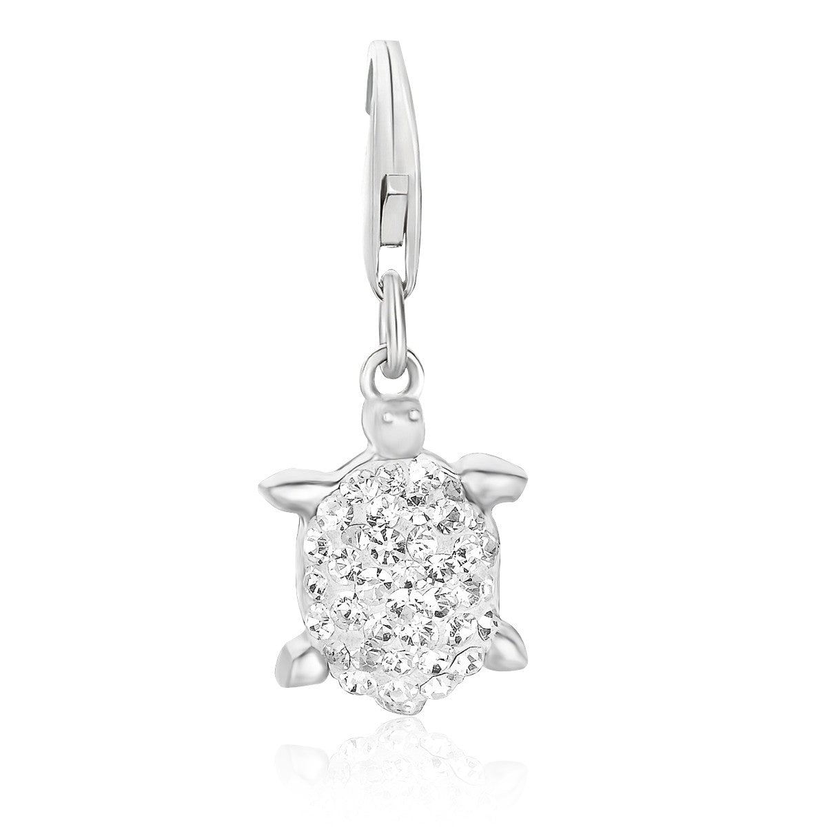 Sterling silver tortoise charm with a white crystal-encrusted shell and lobster clasp.
