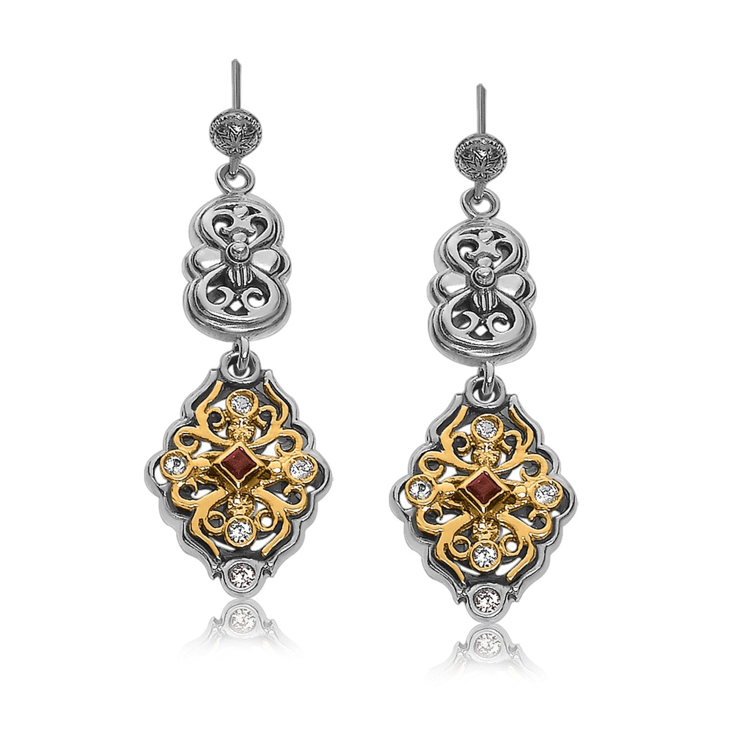18K yellow gold and sterling silver filigree style open oval dangling earrings.