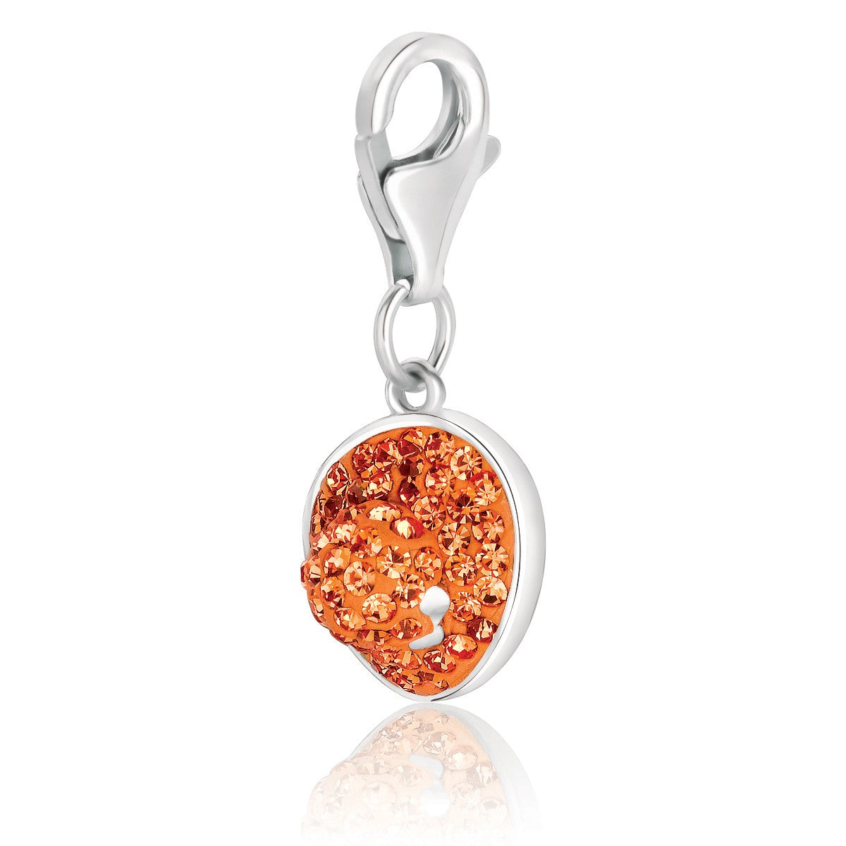 Sterling silver charm with orange crystal embellishments and a small white accent.