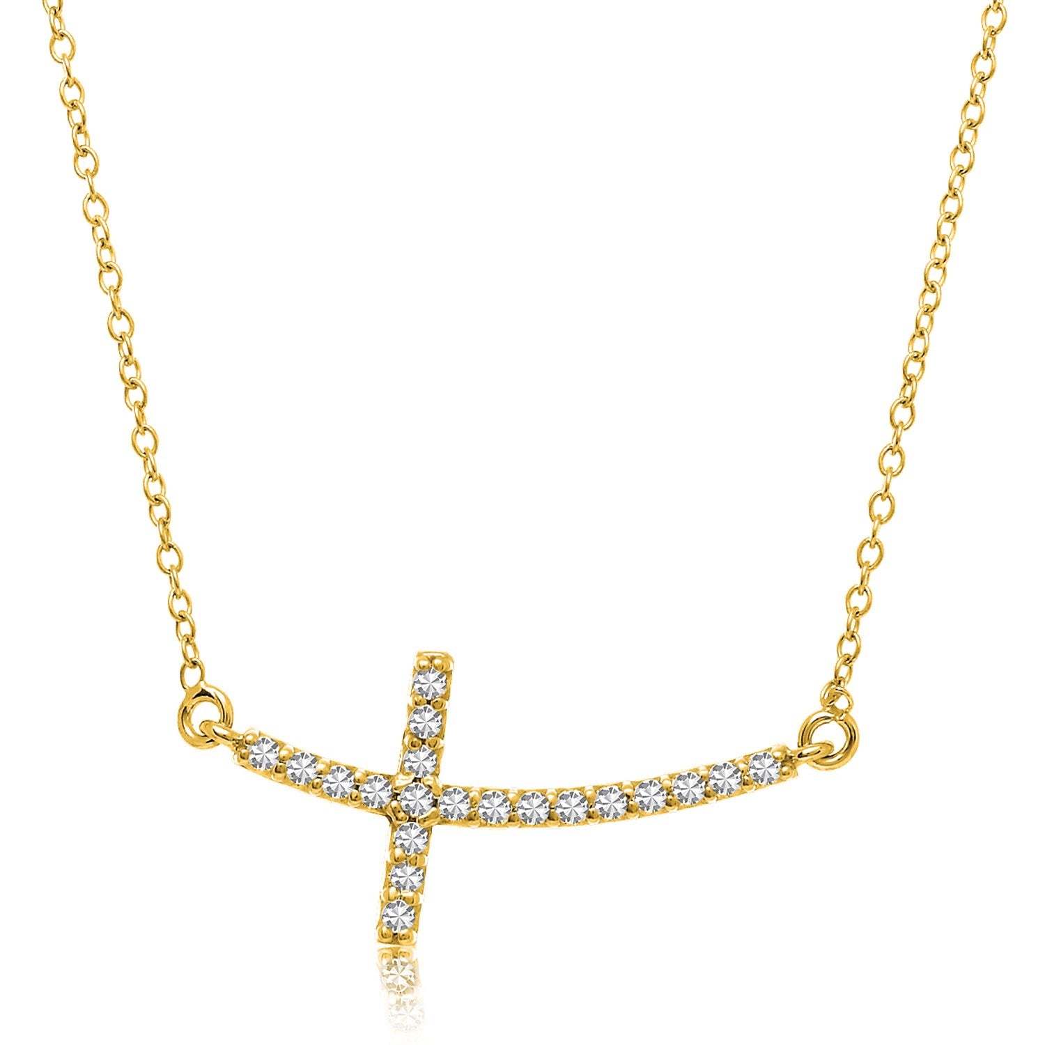 14k yellow gold necklace with a curved, diamond-accented crucifix pendant.